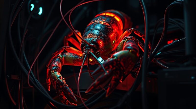 Bioluminescencyjny homar zaplątany w kable serwerowe. Cyberpunkowa ilustracja ilustrująca destrukcyjny potencjał AI OpenClaw.