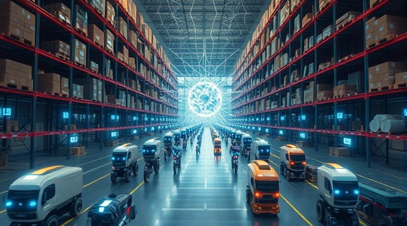 Futurystyczny magazyn, roboty transportują paczki pod nadzorem AI. Przepustowość zwiększona o 25%.