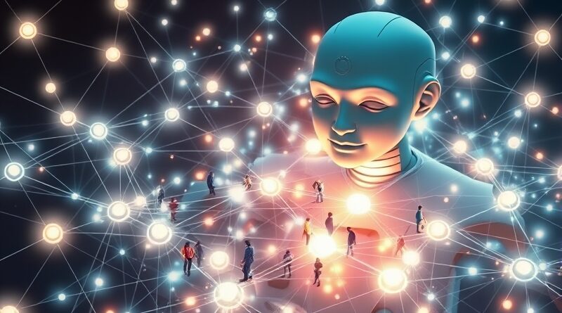 Skomplikowana sieć AI subtelnie kierująca ludzi w różne strefy, nadzorowana przez zatroskaną sztuczną inteligencję.