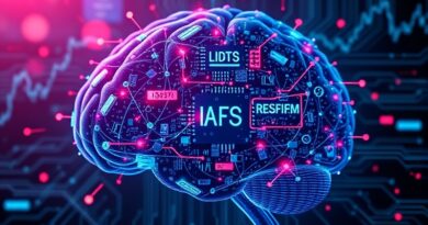 Abstrakcyjny cyfrowy mózg spleciony z mikrochipami i symbolami finansowymi, podświetlony neonem, odzwierciedla strumienie danych.