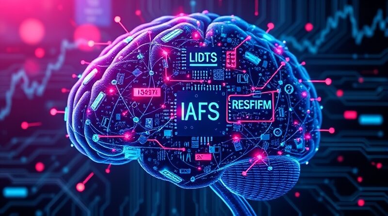 Abstrakcyjny cyfrowy mózg spleciony z mikrochipami i symbolami finansowymi, podświetlony neonem, odzwierciedla strumienie danych.