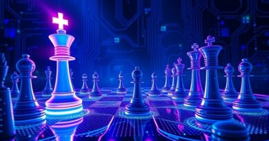 Szachowa rozgrywka AI: potężny Gemini Google góruje nad mniejszym Perplexity, symbolizując dominację w wyszukiwaniu.