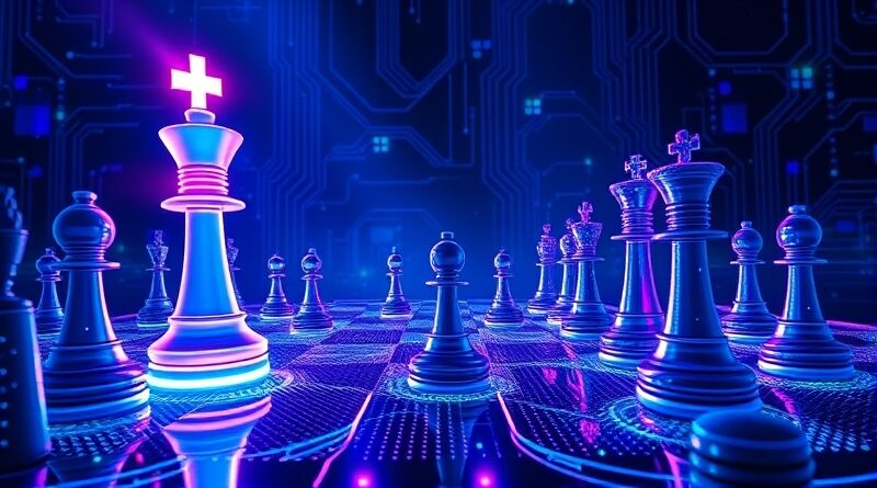 Szachowa rozgrywka AI: potężny Gemini Google góruje nad mniejszym Perplexity, symbolizując dominację w wyszukiwaniu.