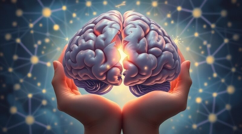 Świecący mózg z pęknięciami w dłoniach, symbolizujący pokorę AI i sieć wiedzy.
