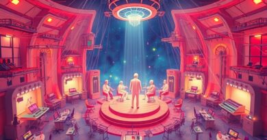 Surrealistyczna sieć scen zawodów, połączonych z centralnym rdzeniem AI. Dreamlike, niszowe MŚP w erze sztucznej inteligencji.