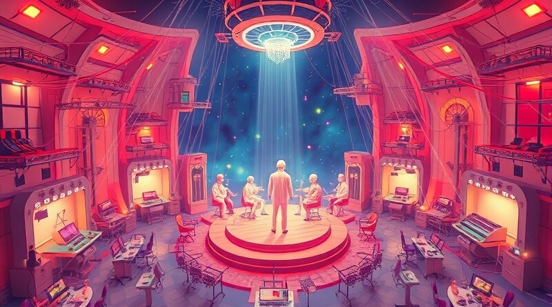 Surrealistyczna sieć scen zawodów, połączonych z centralnym rdzeniem AI. Dreamlike, niszowe MŚP w erze sztucznej inteligencji.