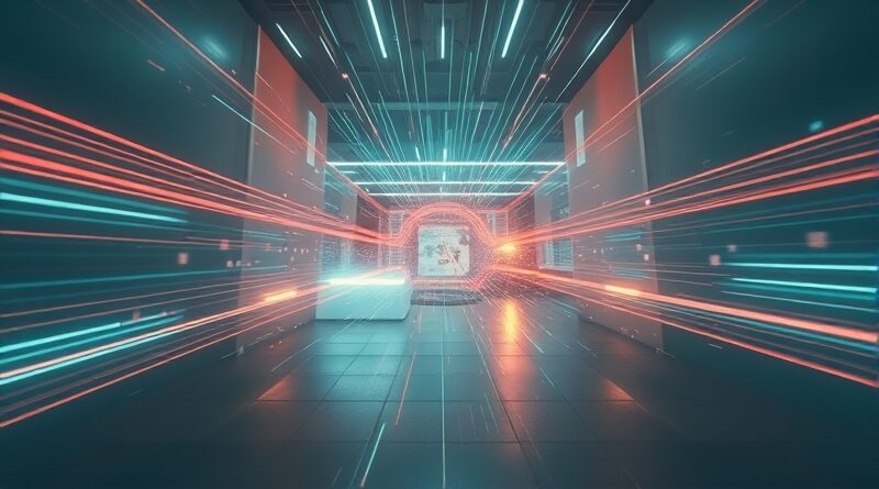 Abstrakcyjna wizja fal radiowych przenikających ściany, odkrywających ukryte obiekty w pomieszczeniu.