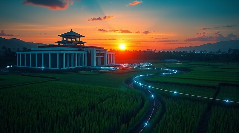 Centrum danych w Azji Południowo-Wschodniej o zmierzchu: połączenie nowoczesności, tradycji i przepływu danych.