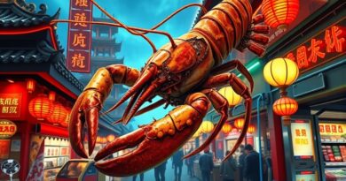 Neonowy homar-cyberpunk spleciony z mechanizmami na tle chińskiego rynku, fuzja tradycji i technologii.