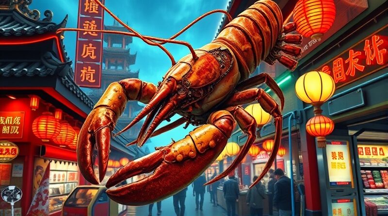 Neonowy homar-cyberpunk spleciony z mechanizmami na tle chińskiego rynku, fuzja tradycji i technologii.