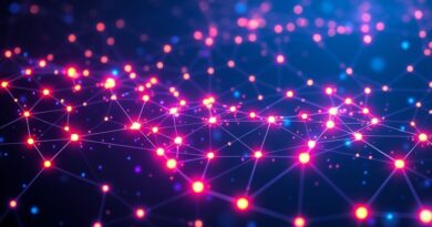 Sieć węzłów symbolizująca zdecentralizowaną sztuczną inteligencję; futurystyczna, eteryczna grafika w odcieniach niebieskiego, fioletu i pomarańczu.