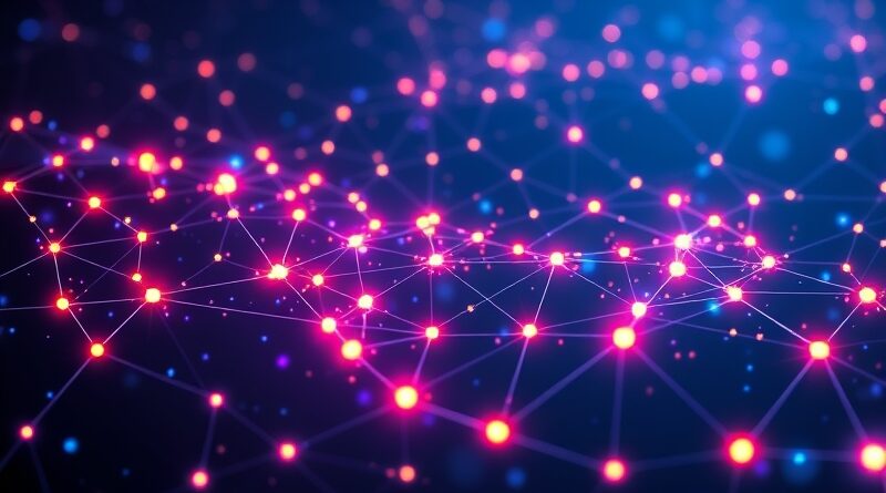 Sieć węzłów symbolizująca zdecentralizowaną sztuczną inteligencję; futurystyczna, eteryczna grafika w odcieniach niebieskiego, fioletu i pomarańczu.