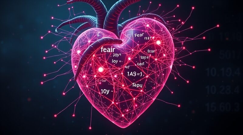 Abstrakcyjne, cyfrowe serce AI z neuronowymi sieciami emocji, równaniami i tłem cyfrowym.
