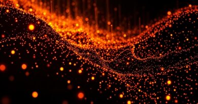 Strumień danych: chaotyczny rój świetlistych cząstek, cyfrowy glitch, oddający charakter industrializacji złośliwego oprogramowania.