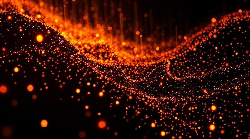 Strumień danych: chaotyczny rój świetlistych cząstek, cyfrowy glitch, oddający charakter industrializacji złośliwego oprogramowania.