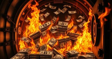 Płonący skarbiec GPU, pochłaniane przez ogień dolary. Metafora bankructwa i zmarnowanego potencjału technologii.