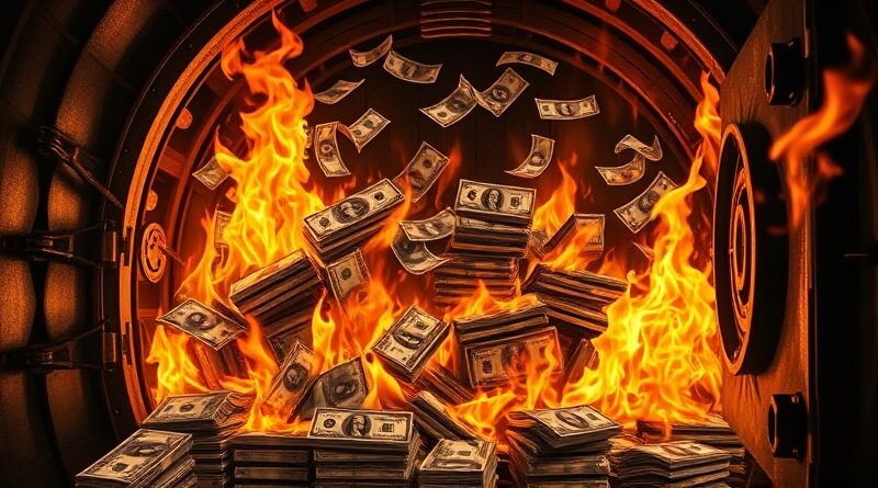 Płonący skarbiec GPU, pochłaniane przez ogień dolary. Metafora bankructwa i zmarnowanego potencjału technologii.