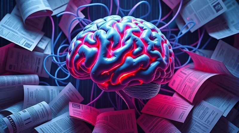 Streszczenie wizualne: Abstrakcyjny mózg w binarnym kodzie, zniszczone materiały marketingowe, symbol upadku tradycyjnego PR.