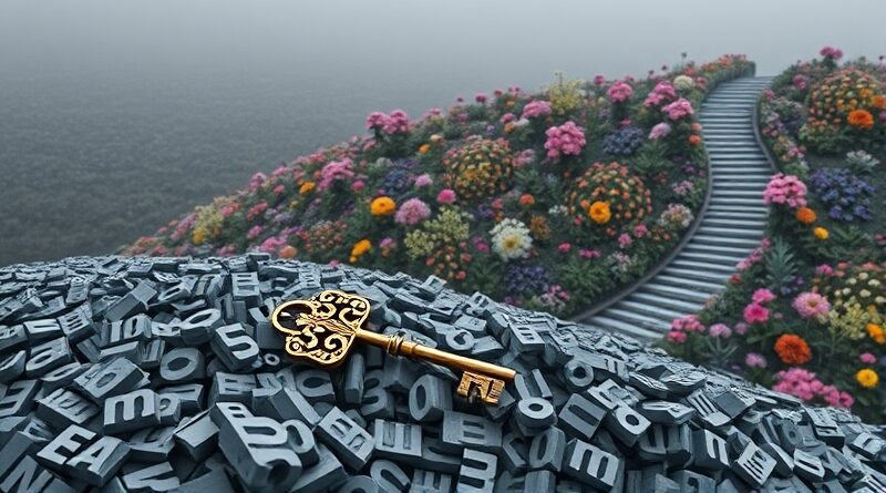 Świecący klucz na górze fragmentów kodu, otwierający bujny ogród w szarym, cyfrowym krajobrazie.