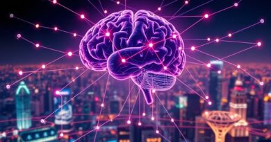 Abstrakcyjny mózg cyfrowy łączy się ze smartfonami, z tyłu futurystyczne miasto. Ilustracja Human API.