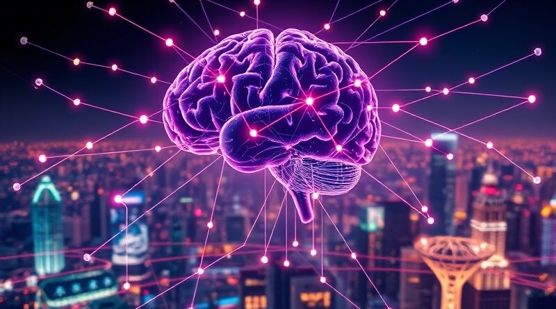 Abstrakcyjny mózg cyfrowy łączy się ze smartfonami, z tyłu futurystyczne miasto. Ilustracja Human API.