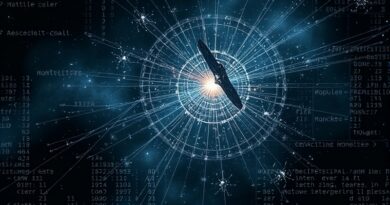 Kosmiczna nebula przypominająca płytę obwodów, po której poruszają się metaliczne satelity-owady. Dynamiczne połączenia, cyfrowy kod.