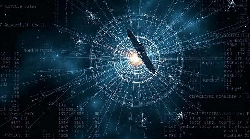 Kosmiczna nebula przypominająca płytę obwodów, po której poruszają się metaliczne satelity-owady. Dynamiczne połączenia, cyfrowy kod.