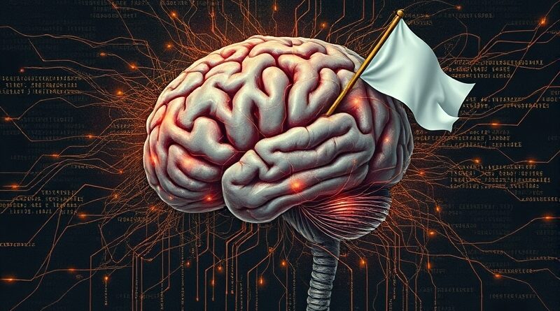 Mózg splątany kodem AI, biała flaga symbolizuje kapitulację myślenia wobec algorytmów.