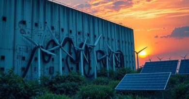 Spowolnienie w budowie centrów danych AI: betonowa ściana, chaotyczne kable, zniszczone panele, zachód słońca.