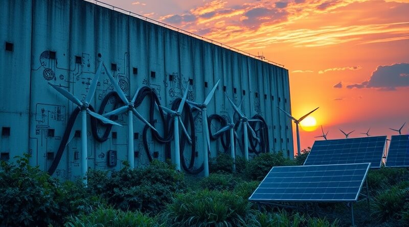 Spowolnienie w budowie centrów danych AI: betonowa ściana, chaotyczne kable, zniszczone panele, zachód słońca.