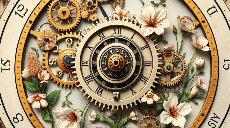 Skomplikowane tryby zegarowe płynnie przeplatają się z kwitnącymi roślinami, symbolizując połączenie precyzji i adaptacji.