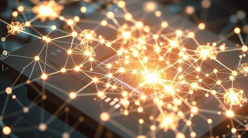 Połączone, świetliste struktury w waflu krzemowym symbolizują kompresję danych AI bez utraty ich logiki.