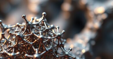 Iryzująca nanostruktura z tlenku niobu przypominająca sieć neuronową, z wzorem atraktora Lorenza w tle.