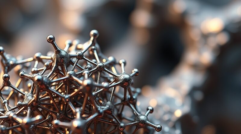 Iryzująca nanostruktura z tlenku niobu przypominająca sieć neuronową, z wzorem atraktora Lorenza w tle.