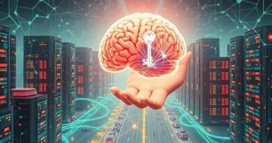 Surrealistyczna wizja miasta serwerów. AI z portfelem kryptowalutowym, klucze z światła. Przyszłość płatności maszynowych.