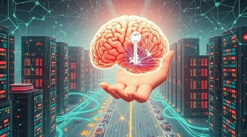 Surrealistyczna wizja miasta serwerów. AI z portfelem kryptowalutowym, klucze z światła. Przyszłość płatności maszynowych.