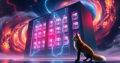 Futurystyczna szafa serwerowa w galaktycznej mgle, obserwowana przez lisa, symbolizuje dominację Foxconn w AI.