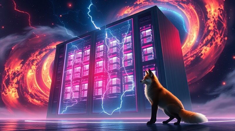 Futurystyczna szafa serwerowa w galaktycznej mgle, obserwowana przez lisa, symbolizuje dominację Foxconn w AI.