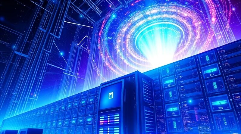 Futurystyczne centrum danych AI z układem ASML, europejskie miasto, połączenie technologii, innowacji i zrównoważonego rozwoju.