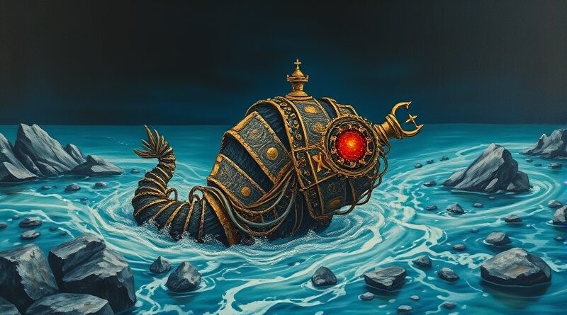 Koń trojański z danych zatruwa kryształową rzekę informacji, symbolizując ukryte niebezpieczeństwo zatruwania modeli AI.