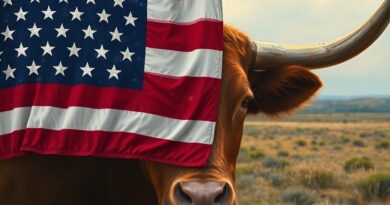 Pikselowana flaga USA zasłania twarz longhorna na tle nienaturalnego krajobrazu Teksasu. AI-generowana iluzja.