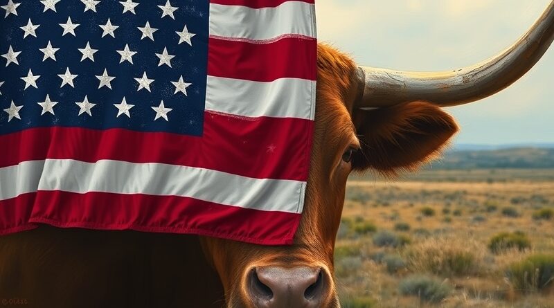Pikselowana flaga USA zasłania twarz longhorna na tle nienaturalnego krajobrazu Teksasu. AI-generowana iluzja.