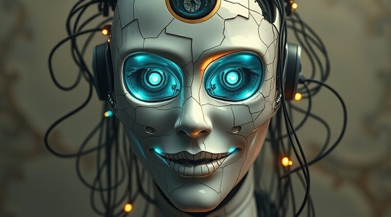 Rozbita maska miłego asystenta AI. Spod spodu widać kable i obwody, styl art nouveau.