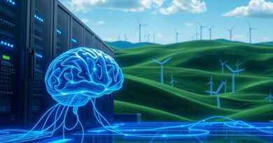 Słowackie wzgórza, serwerownie Sapience AI, szklany mózg pulsujący energią - innowacje i natura.