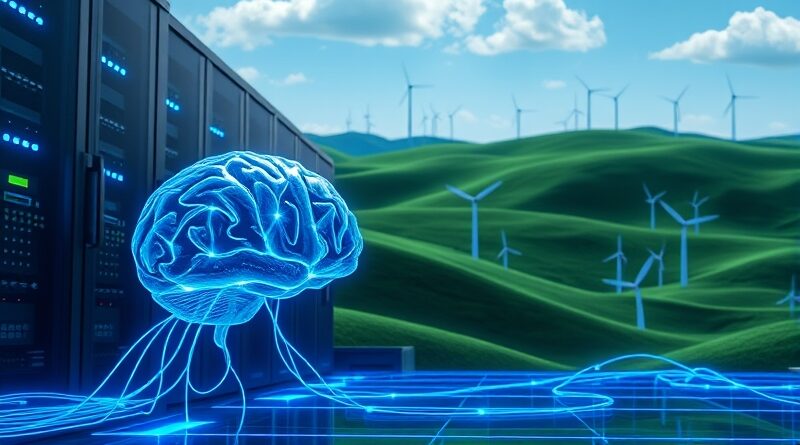 Słowackie wzgórza, serwerownie Sapience AI, szklany mózg pulsujący energią - innowacje i natura.