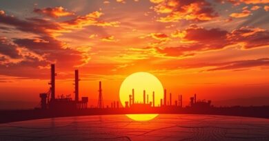 Stylizowana rafineria naftowa zamiast słońca podczas krwawego zachodu. Złamany wafer krzemowy symbolizuje koniec ery AI.