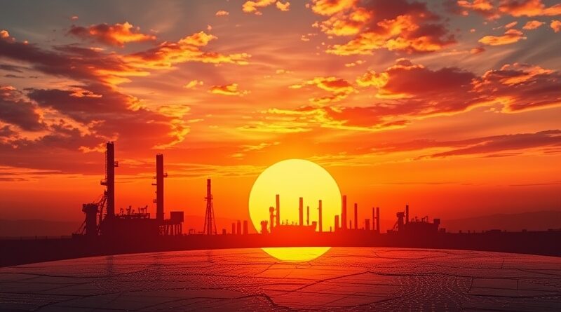 Stylizowana rafineria naftowa zamiast słońca podczas krwawego zachodu. Złamany wafer krzemowy symbolizuje koniec ery AI.