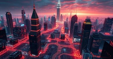 Neonowa metropolia z obwodów drukowanych, odzwierciedlająca spojrzenie Jamie Dimona, symbolizująca rewolucję AI w bankowości.