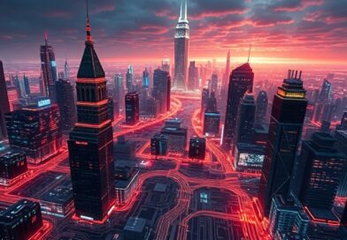 Neonowa metropolia z obwodów drukowanych, odzwierciedlająca spojrzenie Jamie Dimona, symbolizująca rewolucję AI w bankowości.