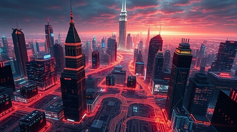 Neonowa metropolia z obwodów drukowanych, odzwierciedlająca spojrzenie Jamie Dimona, symbolizująca rewolucję AI w bankowości.